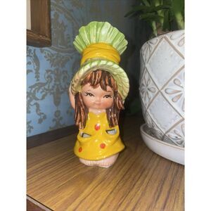 Lefton Girl Head Vase Yellow Polka Dot 1960's Headvase Vintage Retro